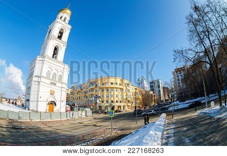 Samara, Russia - February 17, 2018: View Of Samara Street With Bell Tower Of The Iversky Monastery I