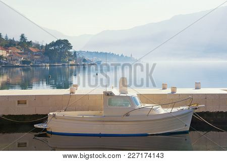 Beautiful Mediterranean Landscape With White Boat. Montenegro, Bay Of Kotor, Dobrota Town
