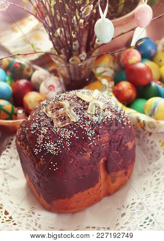 Easter Sweet Bread With Russian Decorative Letters.