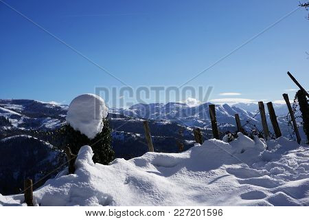 Snowy Landscape. Winter Scenary Belonging To The North Of Spain. Sunny Day In The Mountains.