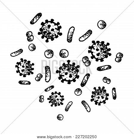 Vector Black Sketch Bacteria Isolated On White Backgtound. Microbe In Medical Therapy. Germ Illness 