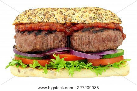 Double Quarter Pounder Beefburger And Salad Sandwich Isolated On A White Background