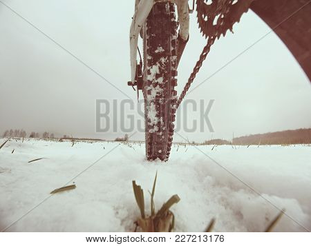 Low Ankle Photo Of Rear Hweel Of Mtb In Snowdrift. Picture Taken Within Winter Bike Trip In Free Lan
