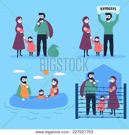 The Refugee Family. Sailing With Buggage To Europe On The Rubber Boat. Land Transition And Life In T