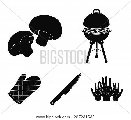 Barbeque Grill, Champignons, Knife, Barbecue Mitten.bbq Set Collection Icons In Black Style Vector S
