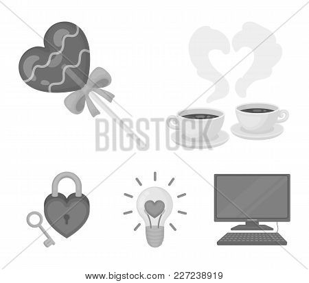 Cups With Coffee, Valentine, Lamp, Lock With Key. Romantic Set Collection Icons In Monochrome Style 