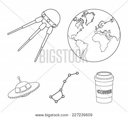 Planet Earth With Continents And Oceans, Flying Satellite, Ursa Major, Ufo. Space Set Collection Ico