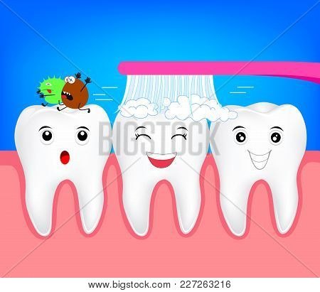 Happy Cartoon Character Tooth With Toothbrush. Kill Bacteria In The Mouth Concept. Illustration For 