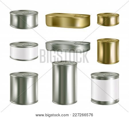 Vector Canned Food Realistic Package Mockup Set Isolated On White Background. Metal Tin Can Preserve