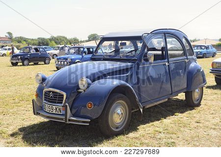 Bagard, France - July 9, 2016: Citroen 2cv Blue Exhibited In A Vintage Car Rally