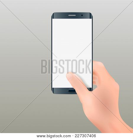 Phone In Woman Hand. Smartphone Screen. Realistic Vector Illustration. Mock Up