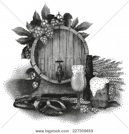 Graphic Barrel Of Beer Decorated With Hops, Malt Bunch, Two Types Of Beer, Brown Bottle And Pretzels