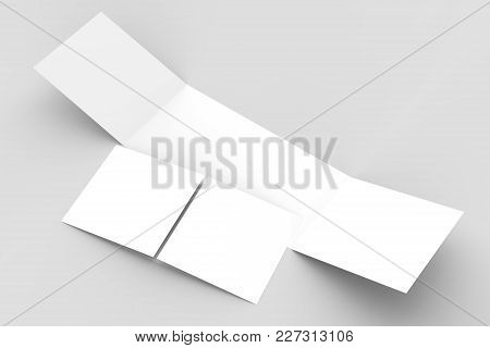 Horizontal - Landscape Gate Fold Brochure Mock Up Isolated On Soft Gray Background. 3D Illustrating.