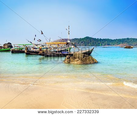 View of the Indian ocean fishing boats on the foreground. Myanmar