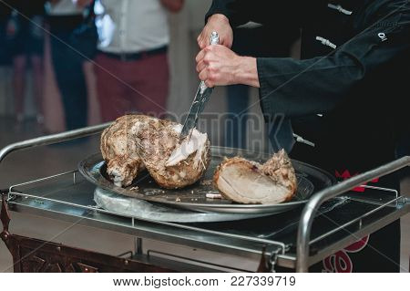 Appetizing Grilled Meat On Fire Close-up. Beautiful Presentation Of The Dishes In The Restaurant. Ch