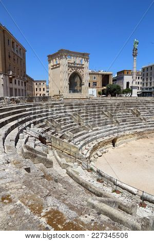 Lecce, Italy - Ancient Roman Amphitheater. City In Salento Peninsula.