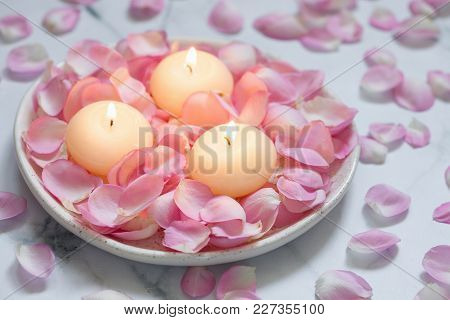 Beautiful Pink Roses And Candles For Spa Background