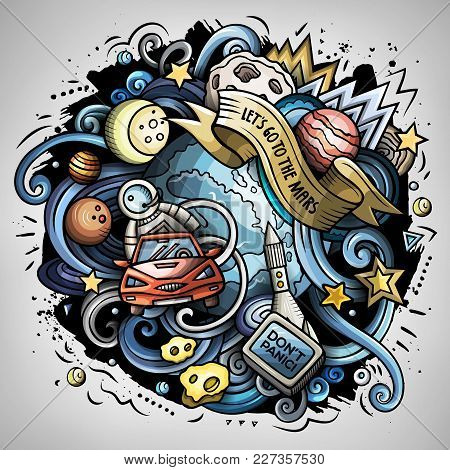 Cartoon Vector Doodles Joky Space Illustration. The Red Car In Outer Space. Colorful, Detailed, With