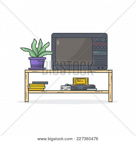 Retro Tv With Vintage 8 Bit Game Console. Table With Tv And Pot With Plant And Console With Joystick