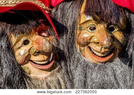 Close-up Of Two Traditional Fasching , Carnical, Masks In Stuttgart, Germany