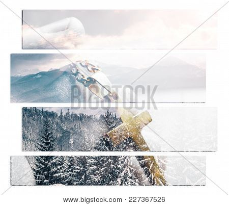 Hand Holding Gold Cross With Winter Background High Quality
