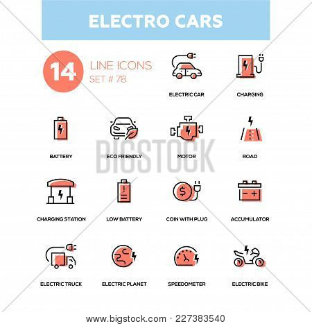 Electro Cars - Line Design Icons Set. High Quality Black Pictograms. Charging, Battery, Eco-friendly