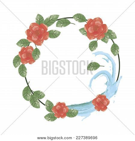 Bright Colour Wreath Of Red Flowers With Green Leaves And Blue Water On A White Background