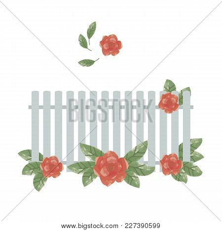 Composition With Red Flowers And Green Leaves With Gray Fence On White Background