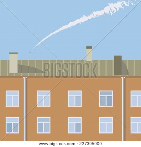 View From A Window On An Orange House A Blue Sky And A Flying Airplane On A Sunny Day