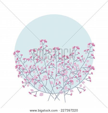 Delicate Gray Twigs With Pink Flowers On A Blue Circle And White Background