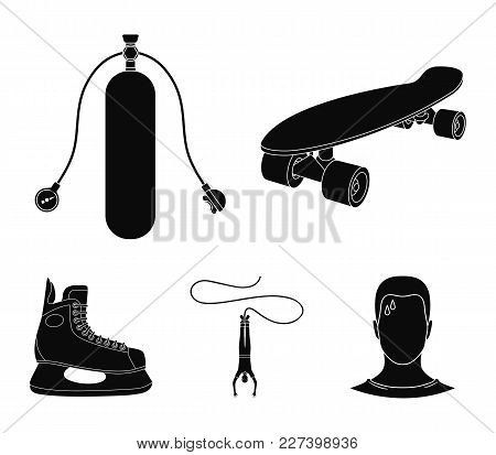 Skateboard, Oxygen Tank For Diving, Jumping, Hockey Skate.extreme Sport Set Collection Icons In Blac