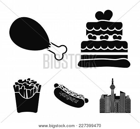 Cake, Ham, Hot Dog, French Fries.fast Food Set Collection Icons In Black Style Vector Symbol Stock I
