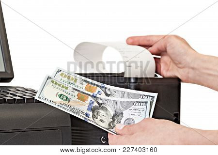Payment For Purchases In The Store By Cash. Receipt Printer With Paper Shopping Bill . Point Of Sale