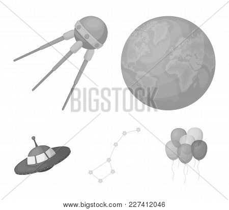 Planet Earth With Continents And Oceans, Flying Satellite, Ursa Major, Ufo. Space Set Collection Ico