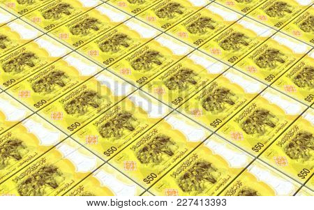 Brunei dollar bills stacks background. 3D illustration.