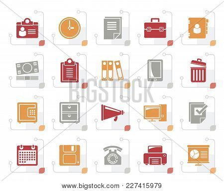 Stylized Business And Office Supplies Icons - Vector Icon Set