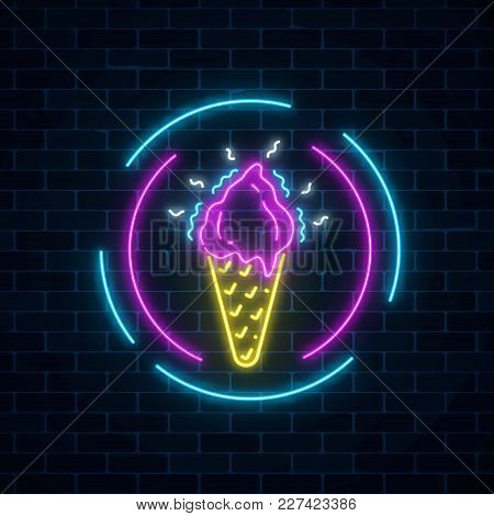 Glowing Neon Ice Cream Cone Signboard In Circle Frames On Dark Brick Wall Background. Fruit Ice-crea