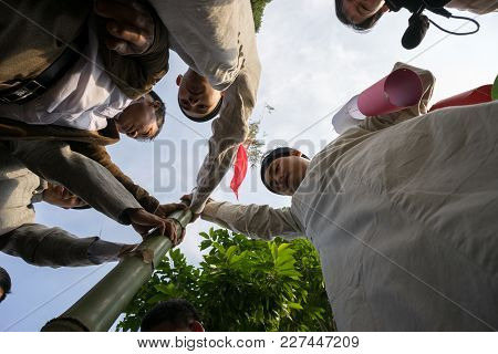 Hanoi, Vietnam - Jun 22, 2017: Raising Neu Tree Rituals In Communal House At So Village, Quoc Oai Di