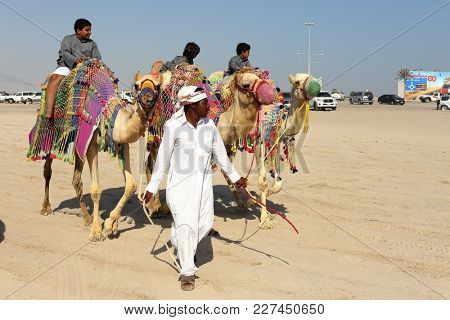 MESAIEED, QATAR - FEBRUARY 16, 2018: Local children enjoy a weekend camel ride at the Sealine resort area of Qatar.