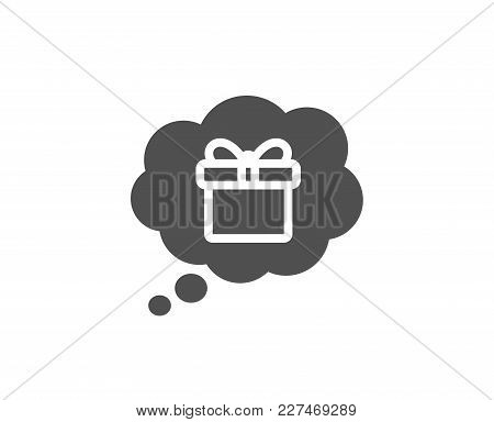 Dreaming Of Gift Simple Icon. Present Box In Comic Speech Bubble Sign. Birthday Shopping Symbol. Pac