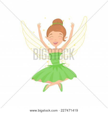 Happy Fairy Sitting With Legs Crossed And Hands Up. Cartoon Girl Character With Brown Hair Dressed I