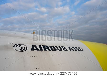 Hanoi, Vietnam - Oct 22, 2016: Airbus 320 Logo On Side Of Airplane In Noibai Airport