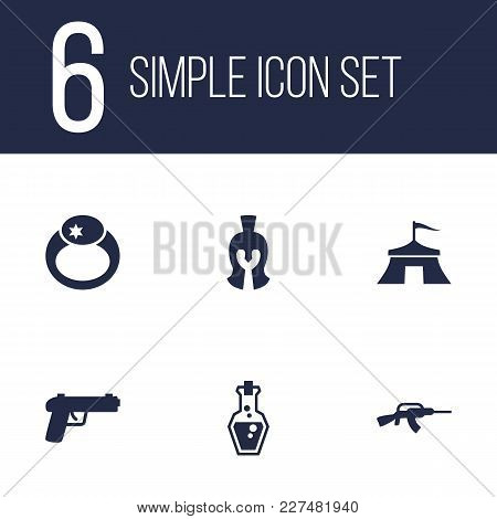 Set Of 6 Gaming Icons Set. Collection Of Warrior, Mana Potion, Magic Ring And Other Elements.