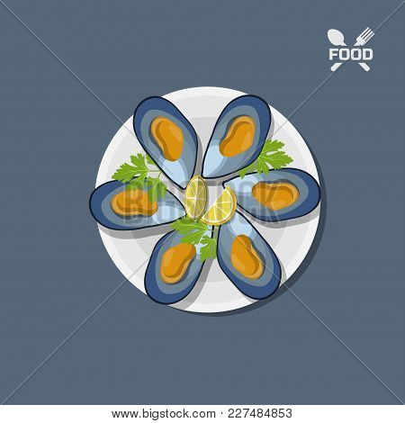 Icon Of Mussels On A Plate. Top View. Restaurant Dish. Seafood. Vector Illustration