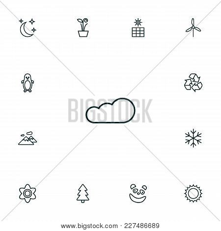 Set Of 13 Bio Icons Line Style Set. Collection Of Sun, Sun Power, Panda Elements.