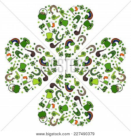 Green Clover Leaves In The Shape Of A Heart Consisting Of Objects. Hat, Horseshoe, Pot Of Gold, Irel