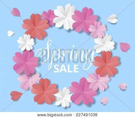 Spring Sale Banner. Paper Flowers On Blue Background In Origami Stale