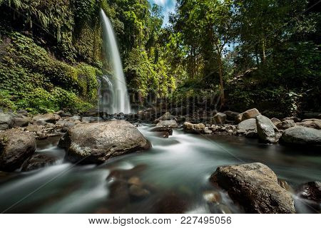 Sendang Gile Waterfall Is A Stunning Waterfall On Lombok, Indonesia. Long Exposure Photography.