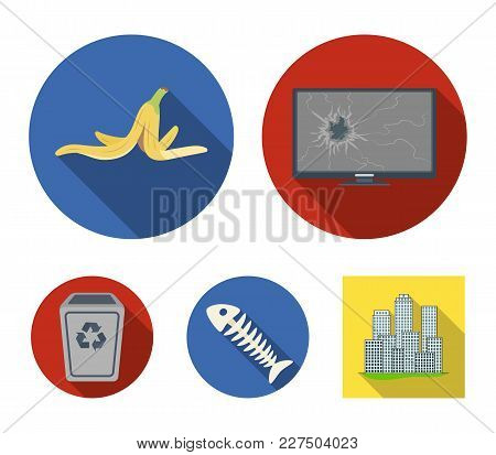 Broken Tv Monitor, Banana Peel, Fish Skeleton, Garbage Bin. Garbage And Trash Set Collection Icons I