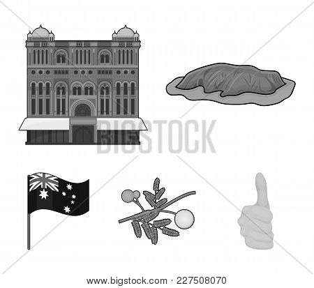 The Palace Of Queen Victoria, Mount Uluru, A Flower Of A Mimosa, A National Flag.australia Set Colle